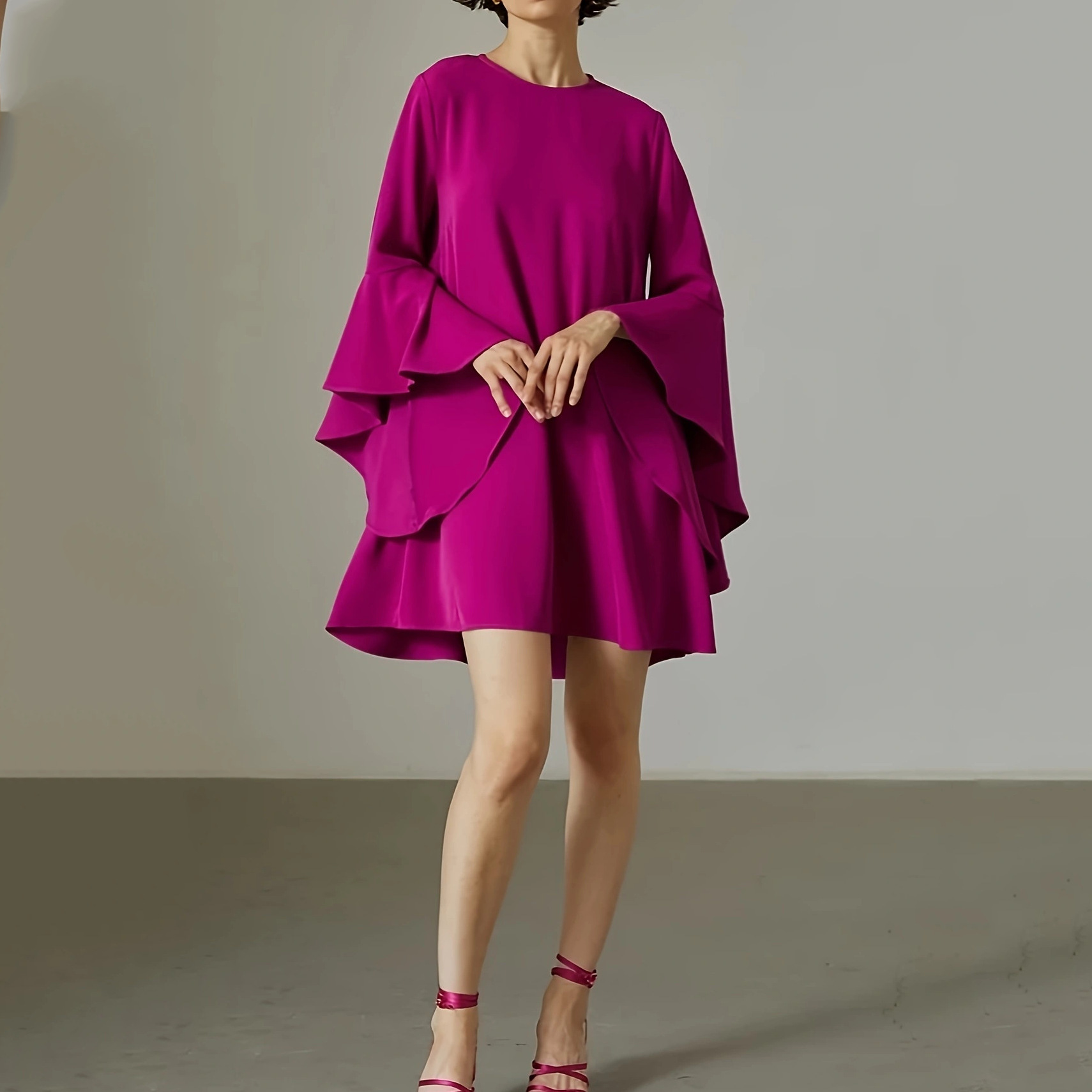 Elegant Magenta One-Piece Dress with Ruffle Sleeve