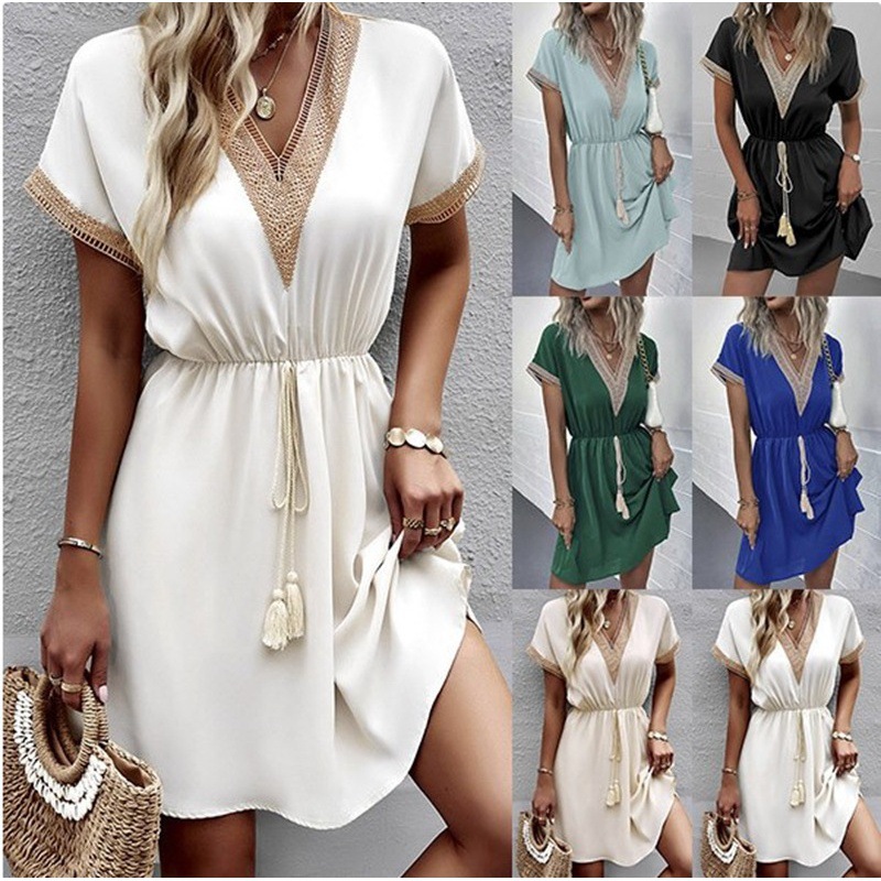 Spring/Summer Solid Color Short Sleeve Lace V-neck Waist-tie Dress