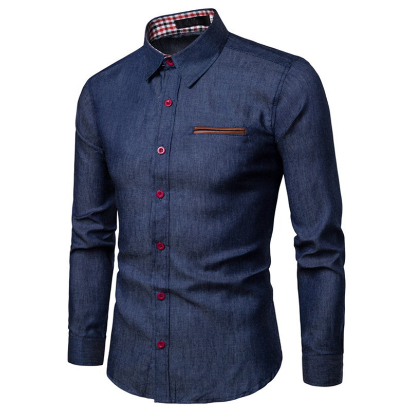 Pocket Patchwork Leather Cotton Slim Fit Long Sleeve Denim Shirt